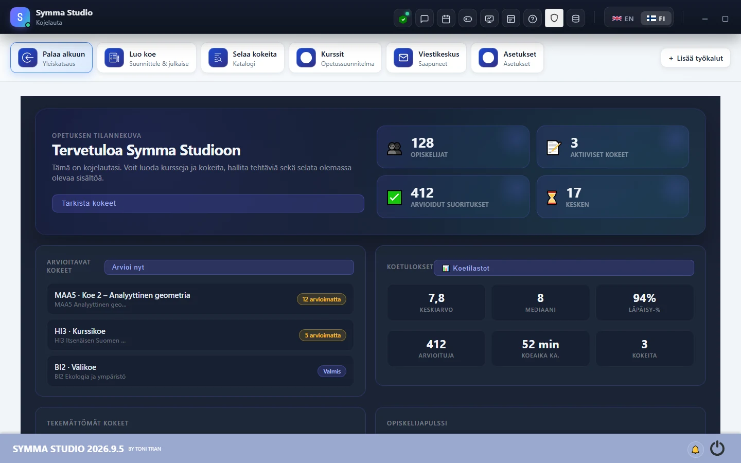 Symma Studio – opettajan kojelauta