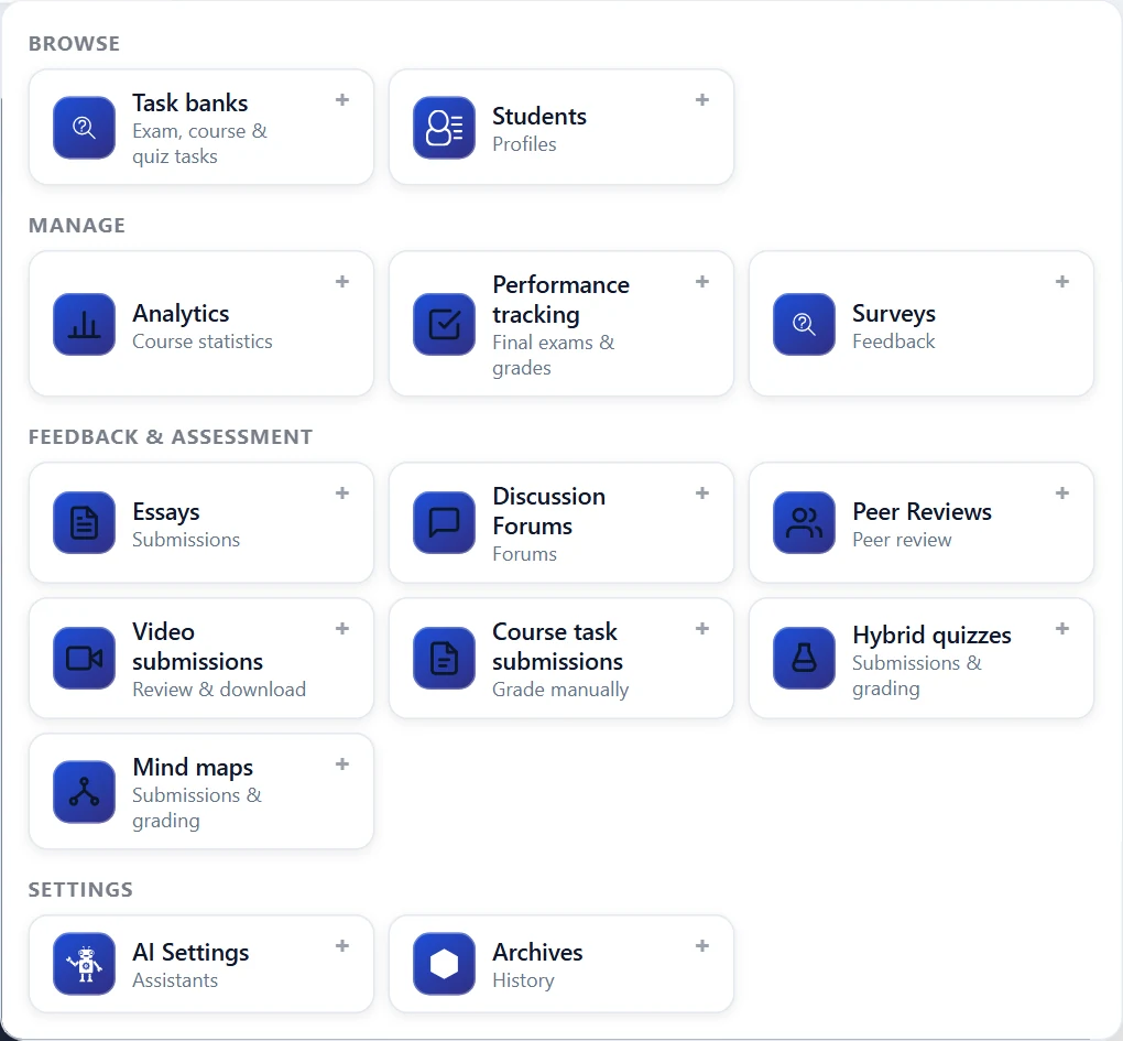 The ＋ Add tools menu: AI Settings (Assistants) is in the Settings group next to Archives.