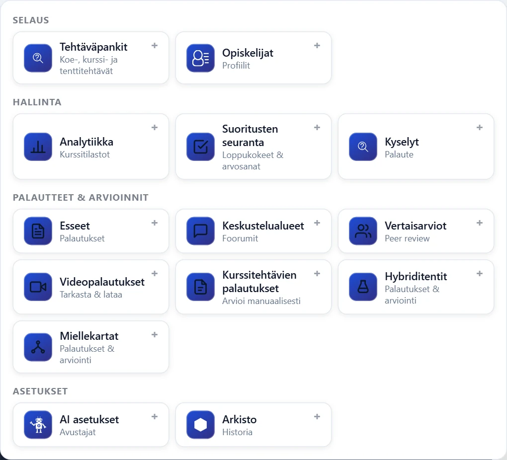 ＋ Lisää työkalut -valikko: AI asetukset (Avustajat) on Asetukset-ryhmässä Arkiston vieressä.