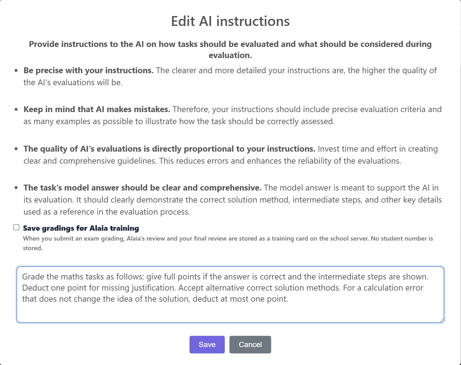 The “Edit AI instructions” window: instruction text, the Alaia training option, the editable instructions field, and Save and Cancel.