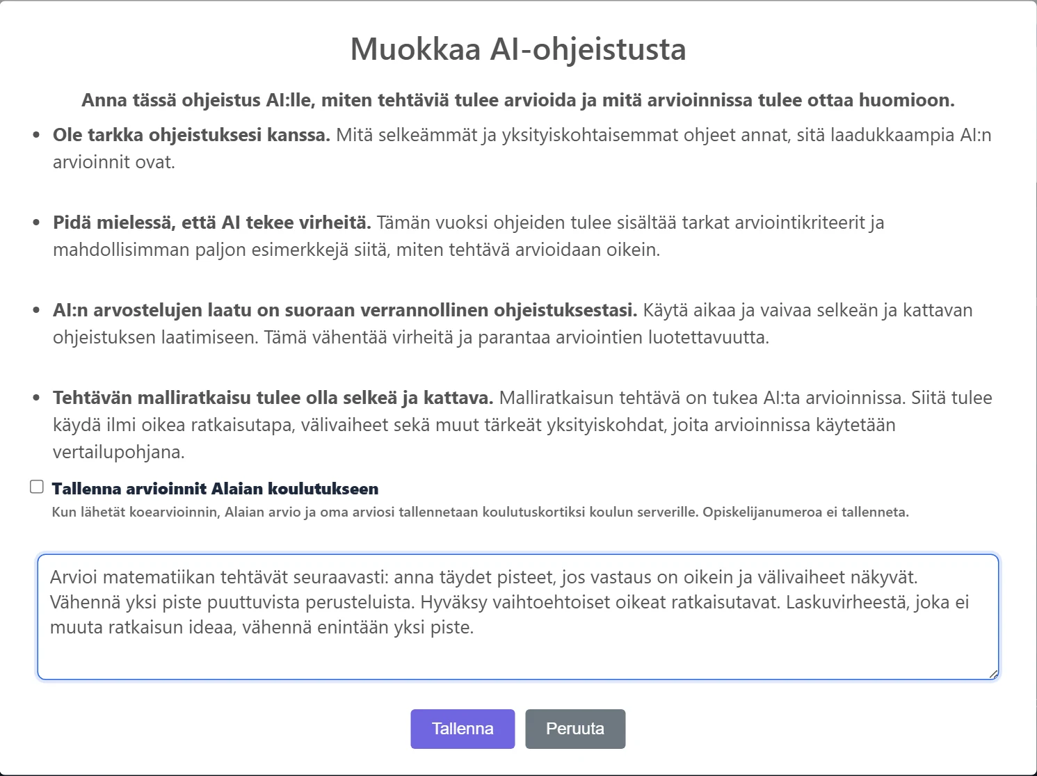 Ikkuna ”Muokkaa AI-ohjeistusta”: ohjeteksti, Alaian koulutus -valinta, muokattava ohjeistuskenttä sekä Tallenna ja Peruuta.