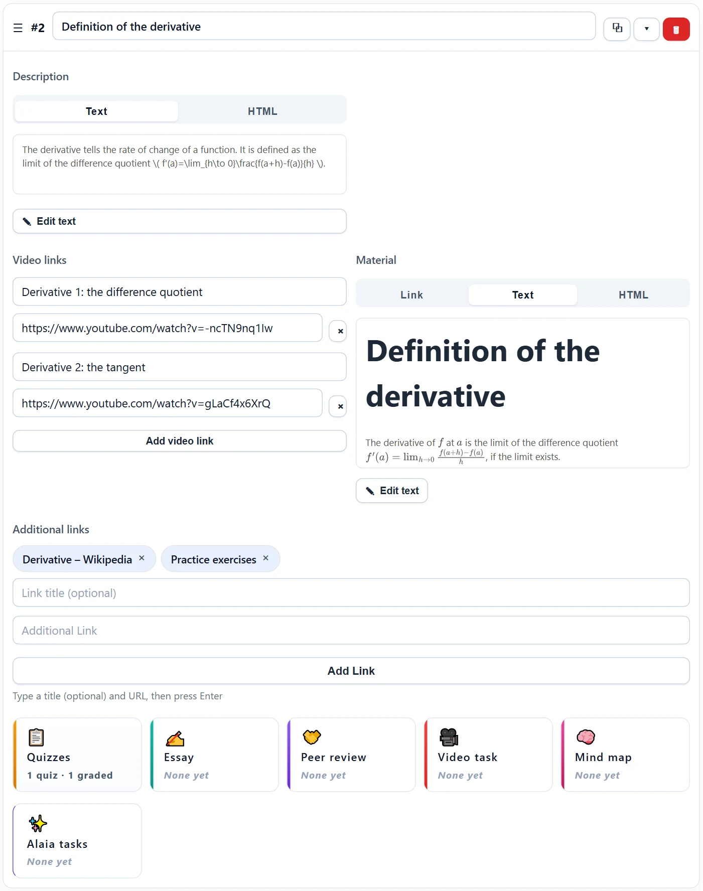A complete topic card: header row, description, two video links, text material, two additional links and, at the bottom, the task cards (the Quizzes card summarises “1 quiz · 1 graded”; ✨ Alaia tasks on the second row).