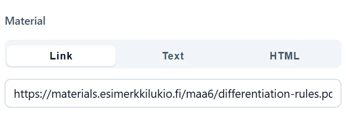 Link mode: a single URL field, here the address of a PDF file.