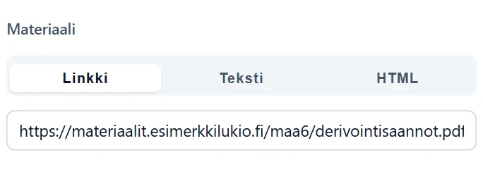 Linkki-tila: yksi URL-kenttä, tässä PDF-tiedoston osoite.