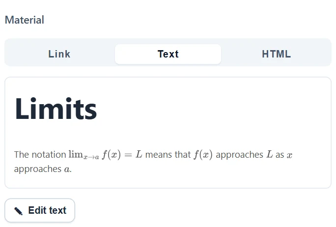 Text mode: the preview shows a heading and a paragraph with a formula, with Edit text below.