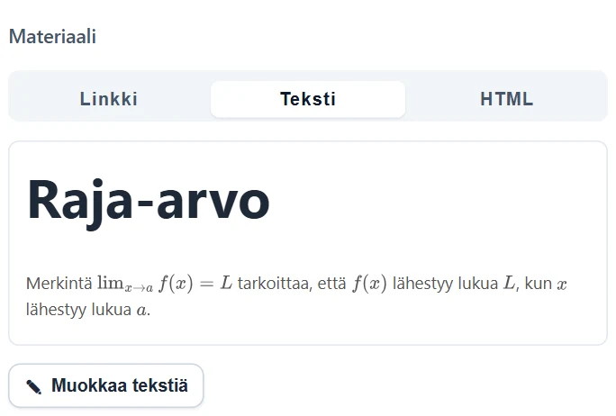 Teksti-tila: esikatselussa otsikko ja kaavan sisältävä kappale, alla Muokkaa tekstiä.