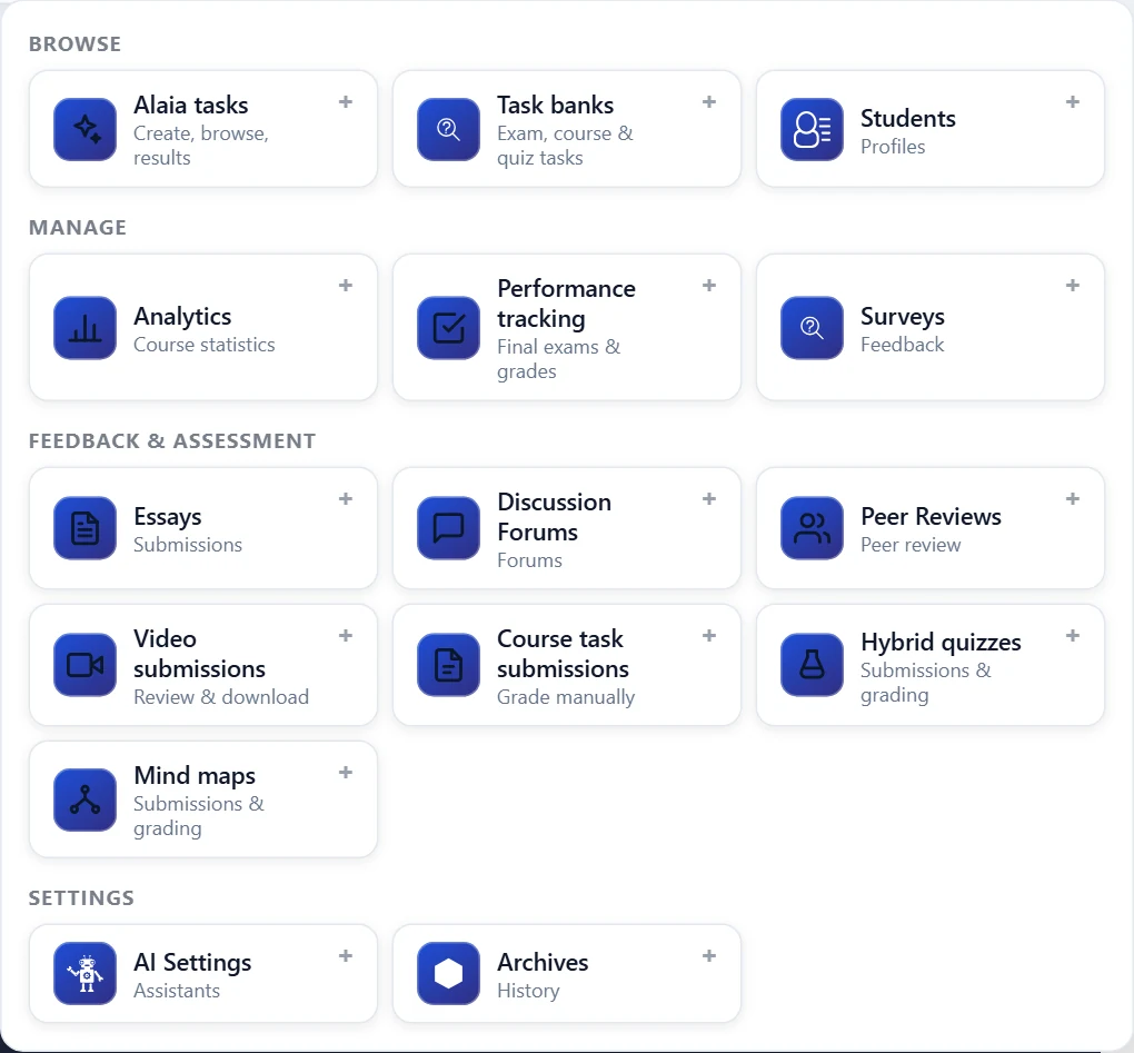 The Add tools menu: Alaia tasks (Create, browse, results) is the first item in the Browse group.