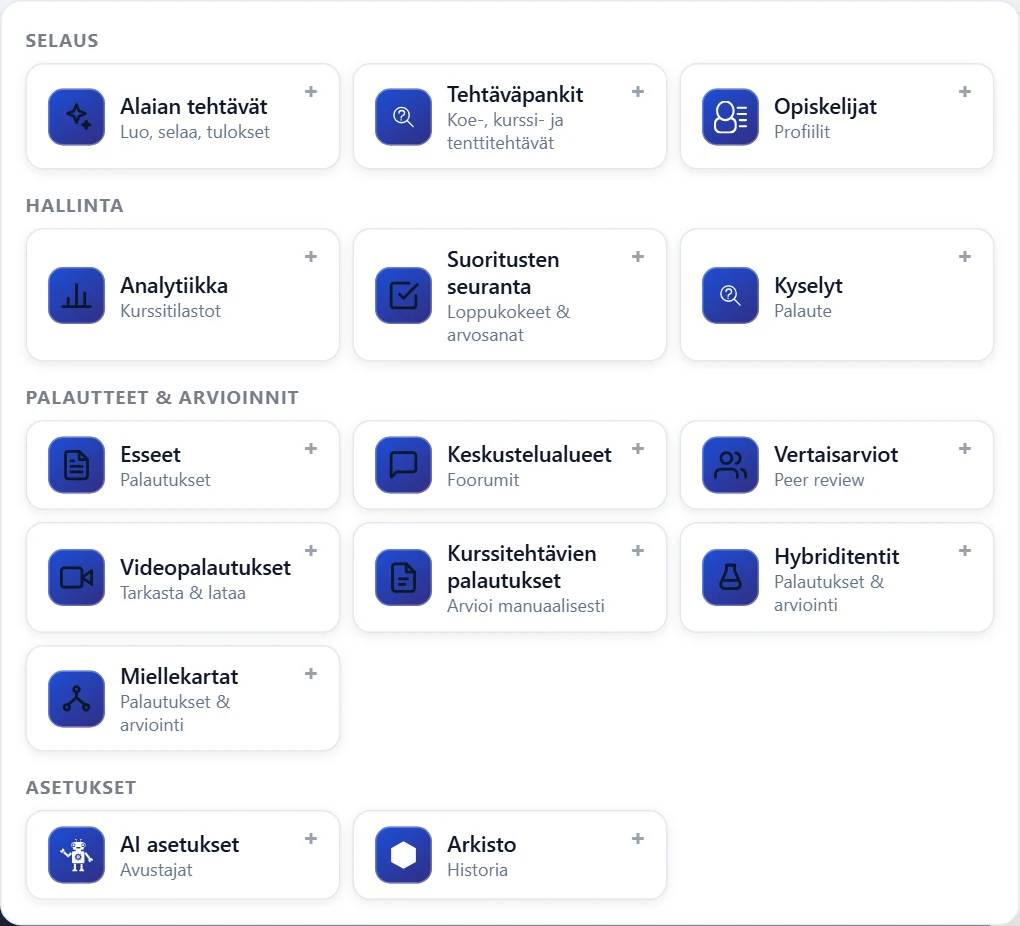 Lisää työkalut -valikko: Alaian tehtävät (Luo, selaa, tulokset) on Selaus-ryhmän ensimmäisenä.
