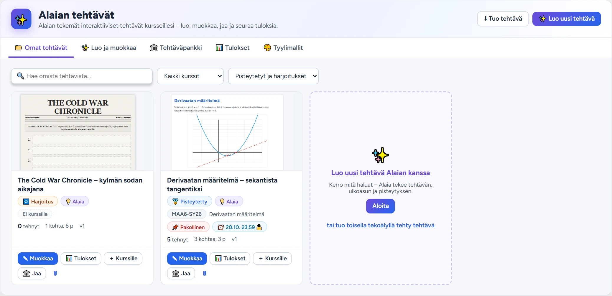 Omat tehtävät: pankista kopioitu aikajanatehtävä (Harjoitus, ei kurssilla) ja Alaian kanssa tehty derivaattatehtävä (Pisteytetty, MAA6:n aiheessa, 📌 Pakollinen ja deadline 🔒), jonka on tehnyt 5 oppilasta. Viimeisenä kortti uuden tehtävän luomiseen.