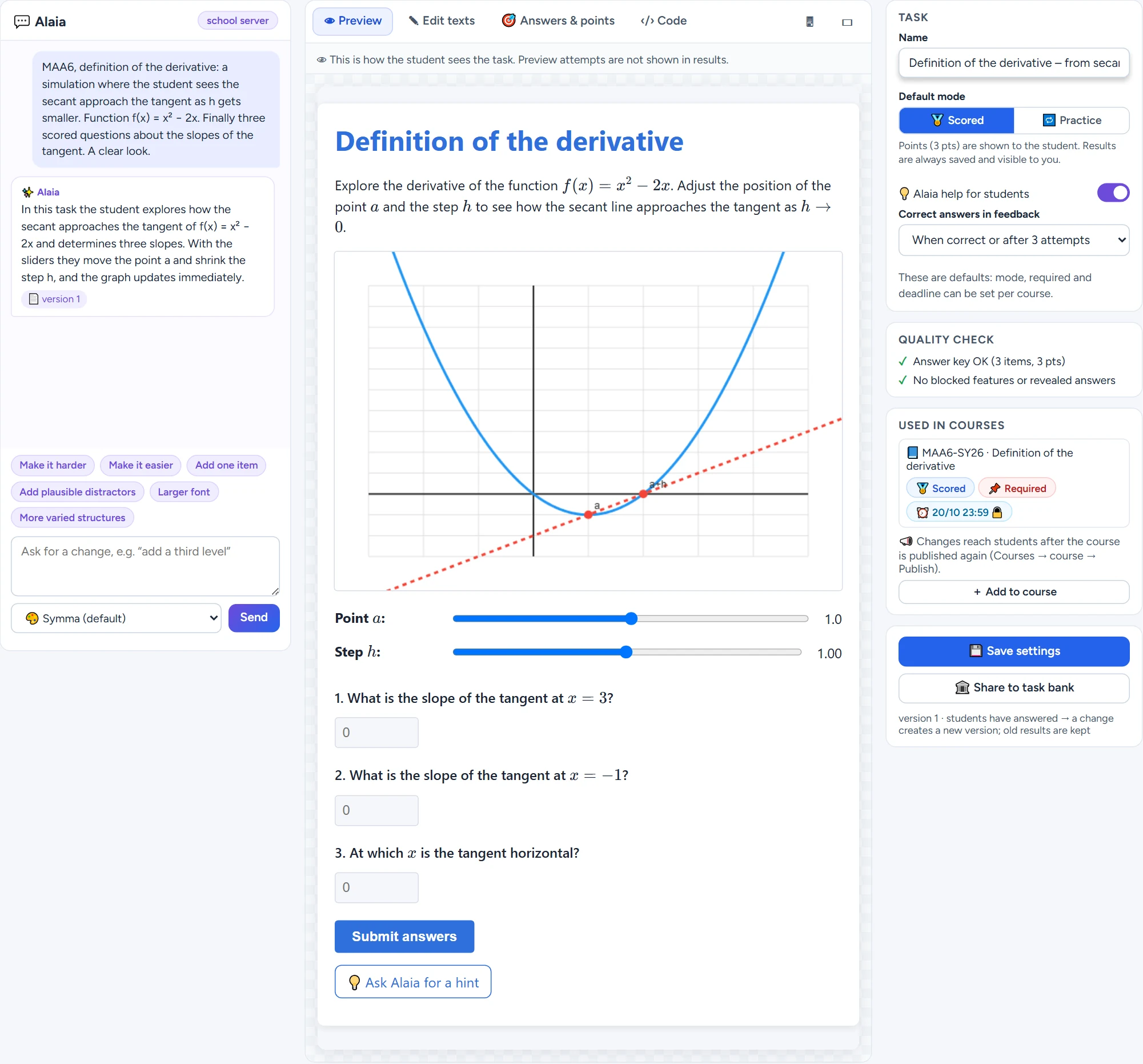 Create &amp; edit: on the left the Alaia chat (the request, Alaia’s description of the task and version 1, quick buttons and the style), in the middle the preview and on the right the task settings.
