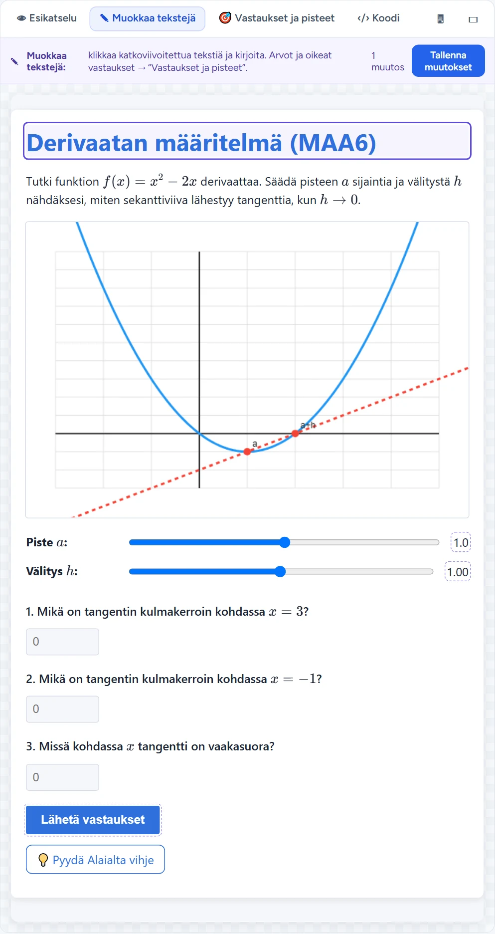 Muokkaa tekstejä: otsikkoon on lisätty “(MAA6)”, palkissa “1 muutosta” ja Tallenna muutokset.