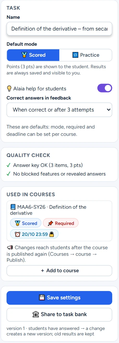 The settings panel: name, default mode, Alaia help, correct answers in feedback, the quality check result, use in courses, Save settings and Share to task bank.