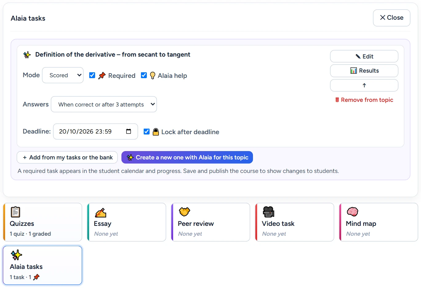 The topic’s Alaia tasks panel: a task row (Mode, 📌 Required, 💡 Alaia help, Answers, Deadline and 🔒 Lock after deadline) with Edit, Results, ↑ and Remove from topic.