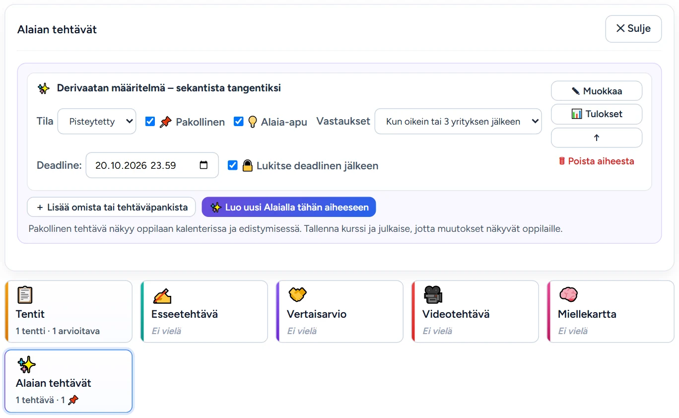 Aiheen Alaian tehtävät -paneeli: tehtävärivi (Tila, 📌 Pakollinen, 💡 Alaia-apu, Vastaukset, Deadline ja 🔒 Lukitse deadlinen jälkeen) sekä Muokkaa, Tulokset, ↑ ja Poista aiheesta.