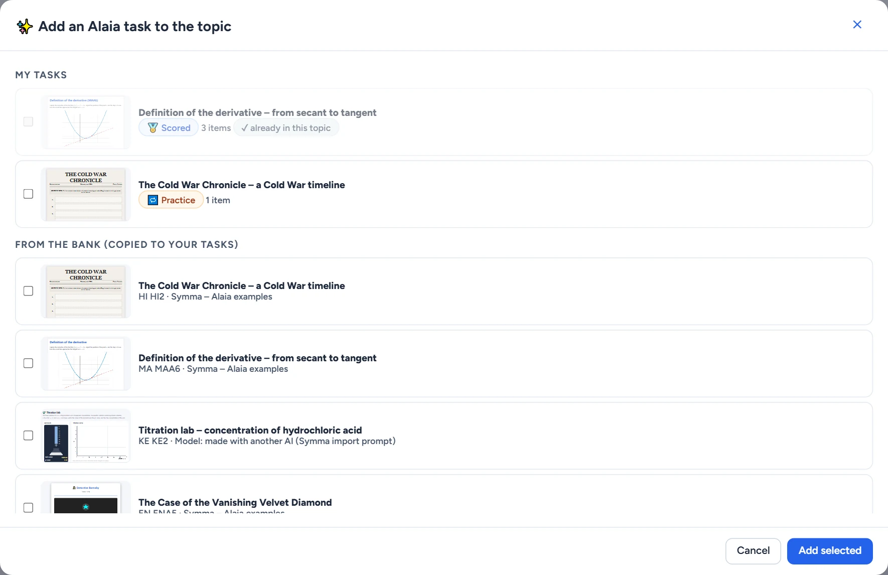 Add an Alaia task to the topic: your own tasks at the top, the task bank below.