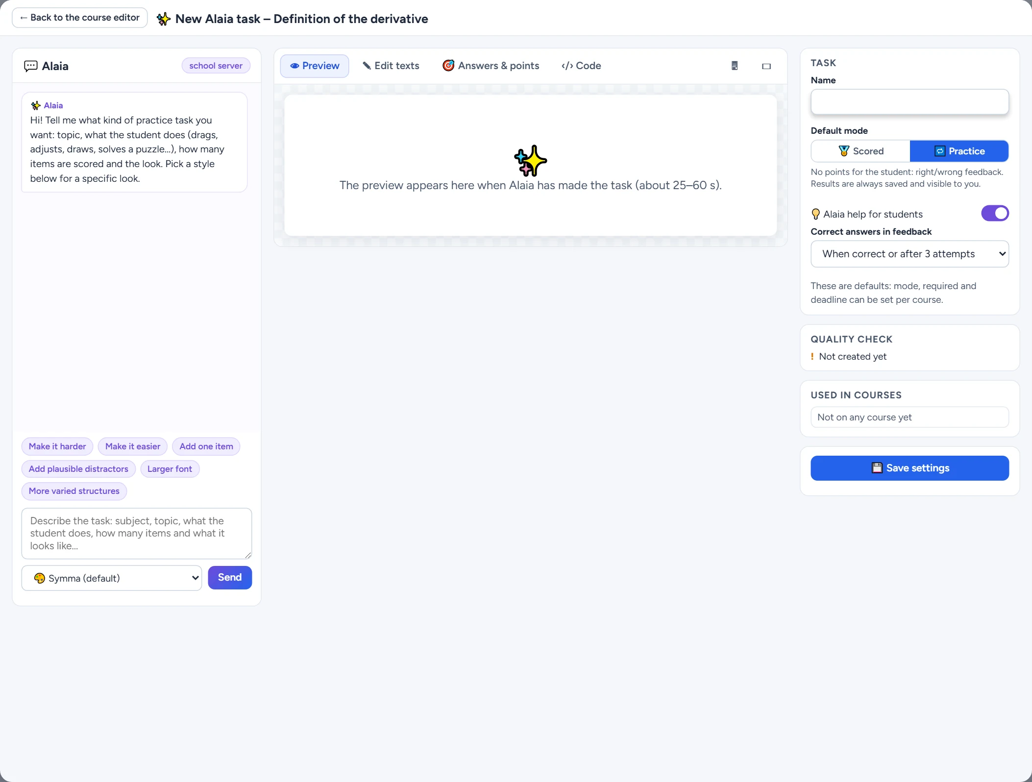 A new Alaia task for the topic Definition of the derivative: the same chat, preview and settings on top of the course editor.