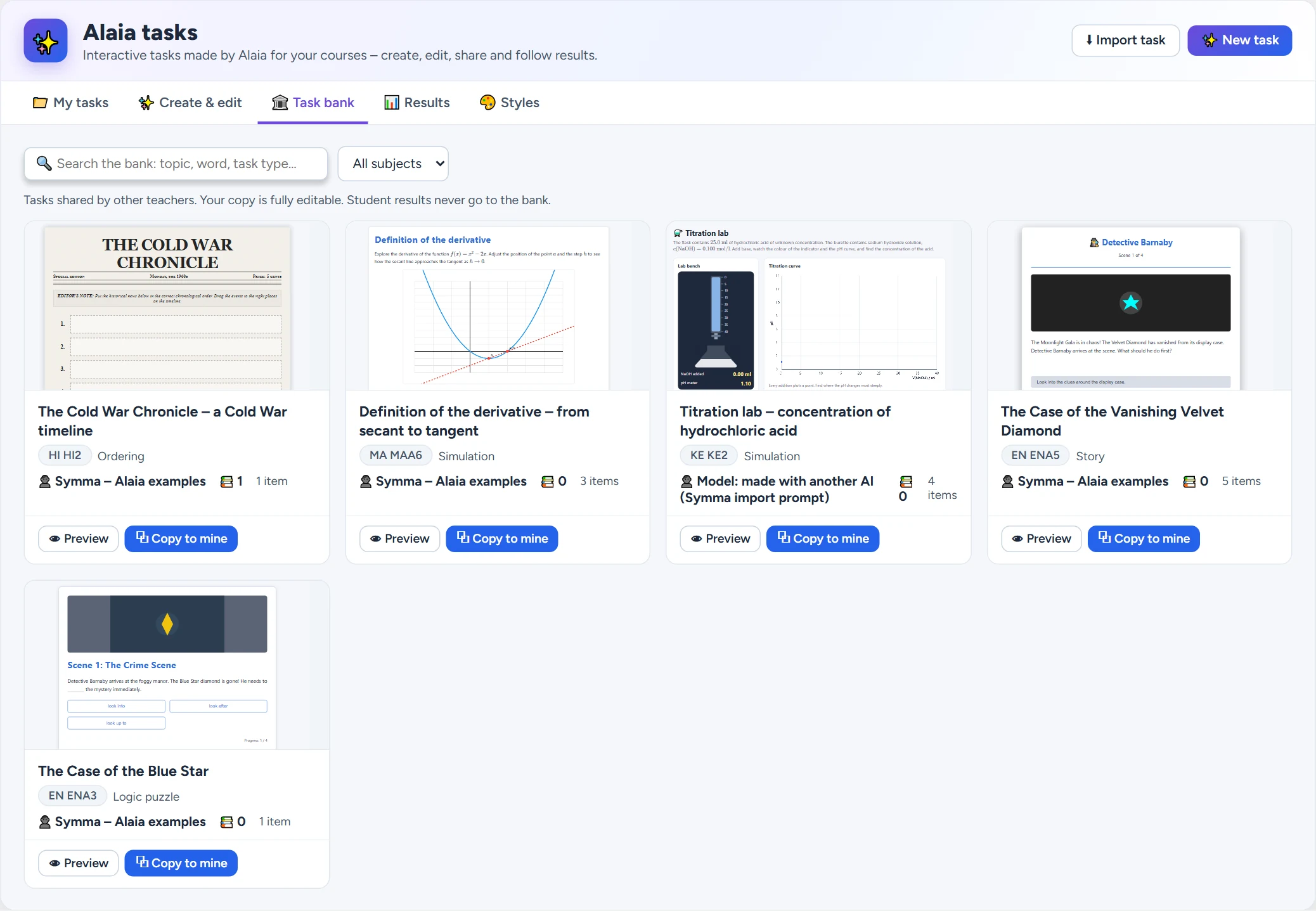 The task bank: search, subject filter and Symma’s example tasks (e.g. the derivative, the Cold War timeline, the titration lab made with another AI and two English detective stories).