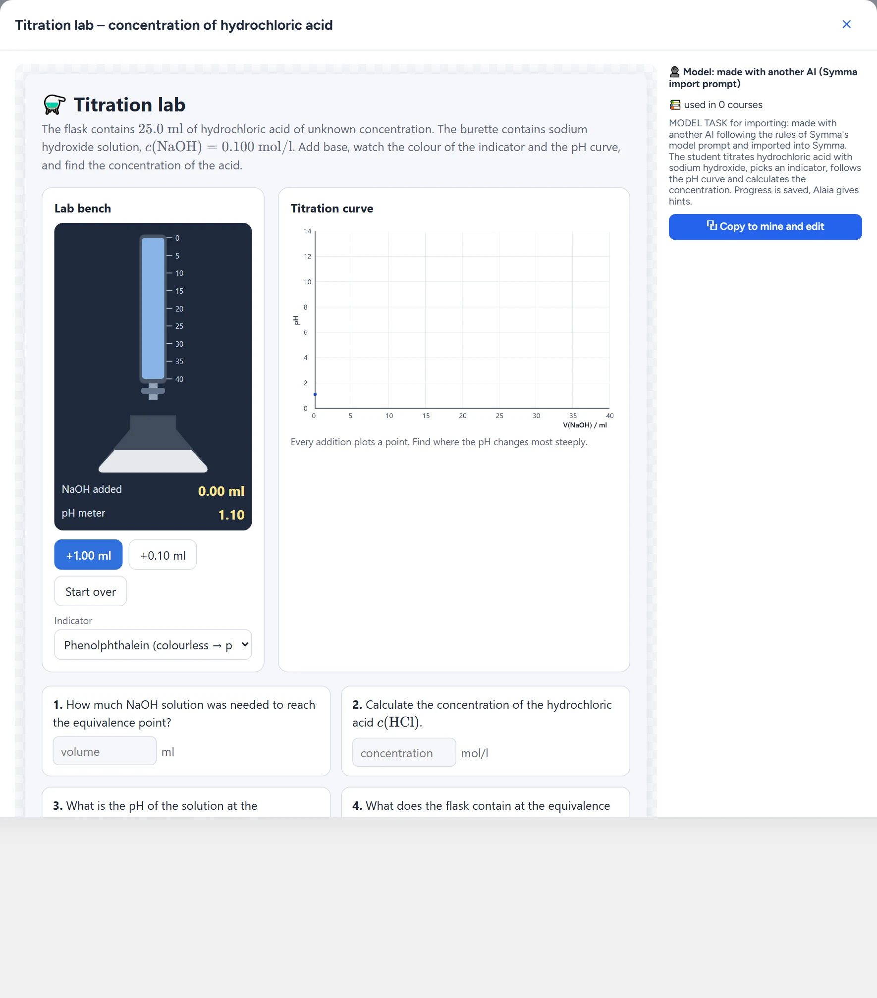 Preview of a bank task: the task works as for a student; on the right the author, uses, description and Copy to mine and edit.