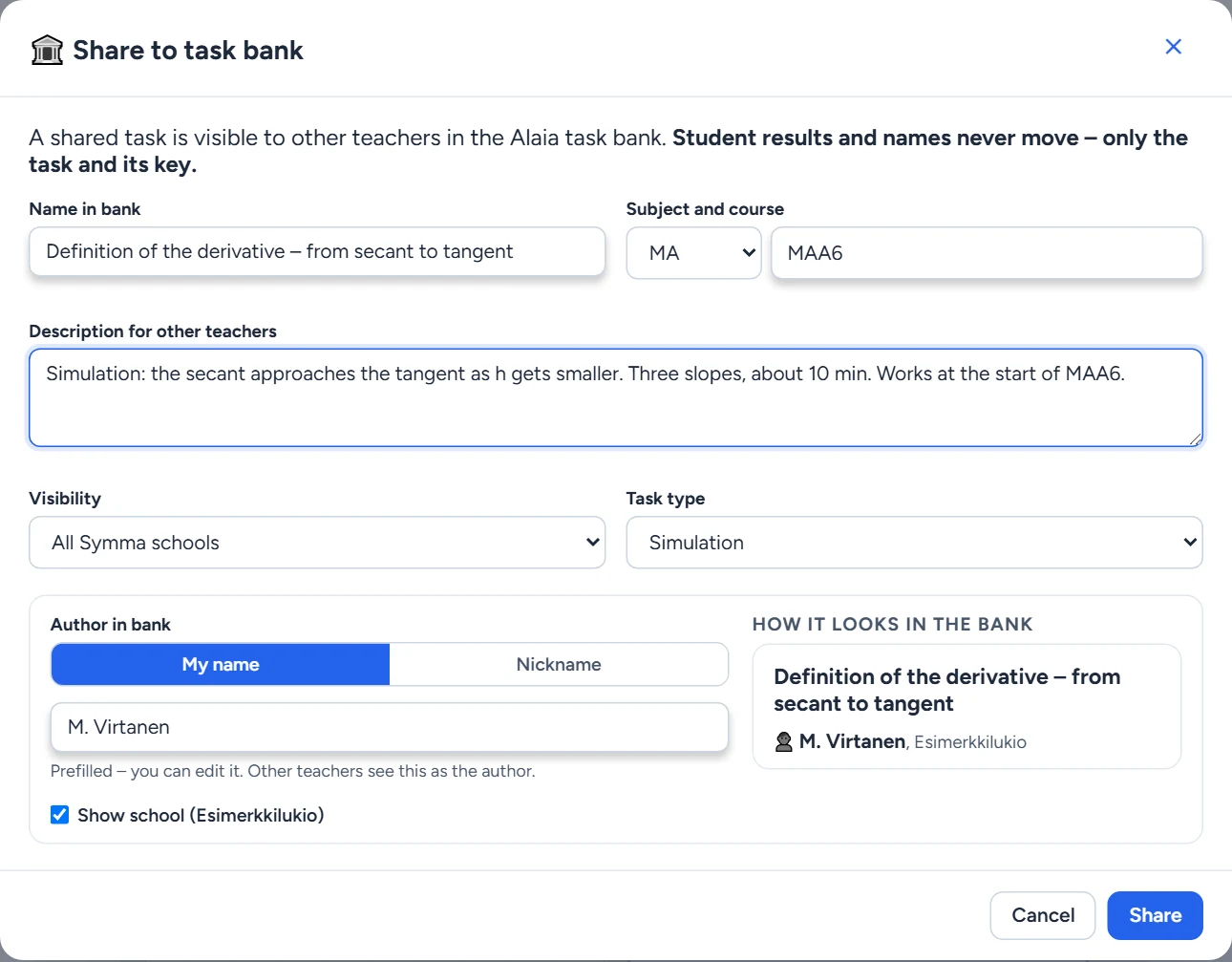 Share to task bank: name, subject and course, description, visibility, task type and author, and a preview of how the card looks in the bank.