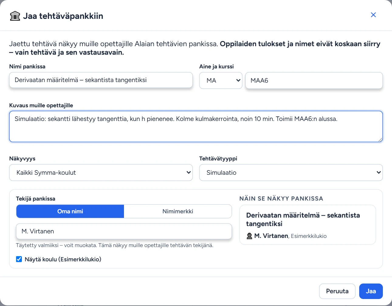 Jaa tehtäväpankkiin: nimi, aine ja kurssi, kuvaus, näkyvyys, tehtävätyyppi ja tekijä sekä esikatselu siitä, miltä kortti näyttää pankissa.