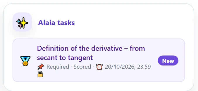 Course preview: the topic’s Alaia tasks card (📌 Required · Scored, deadline 🔒, New).