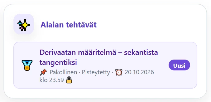 Kurssin esikatselu: aiheen Alaian tehtävät -kortti (📌 Pakollinen · Pisteytetty, deadline 🔒, Uusi).