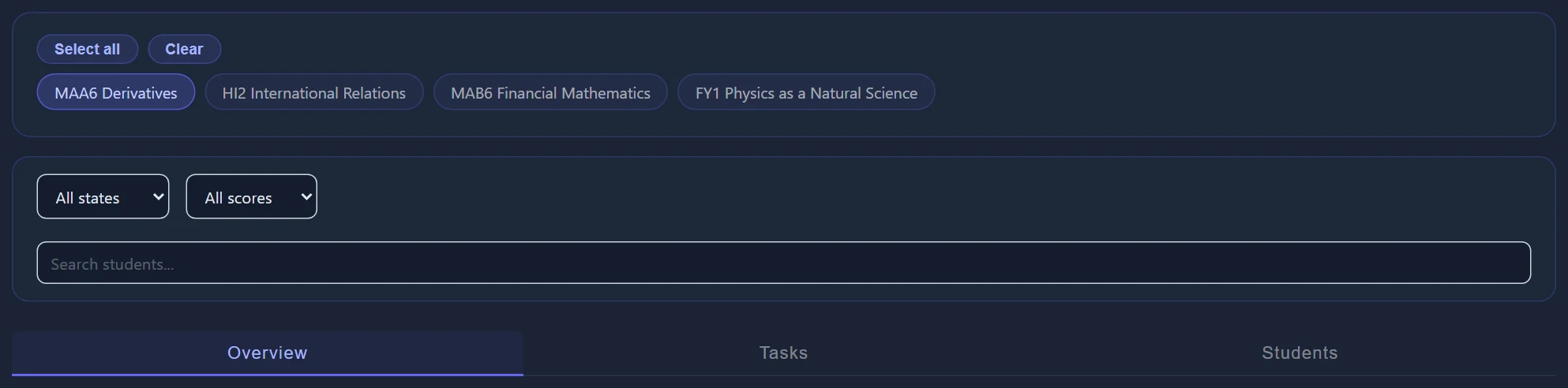 Course chips (selected ones highlighted), quick selections, the filter bar and the three tabs. (Mock-up courses.)