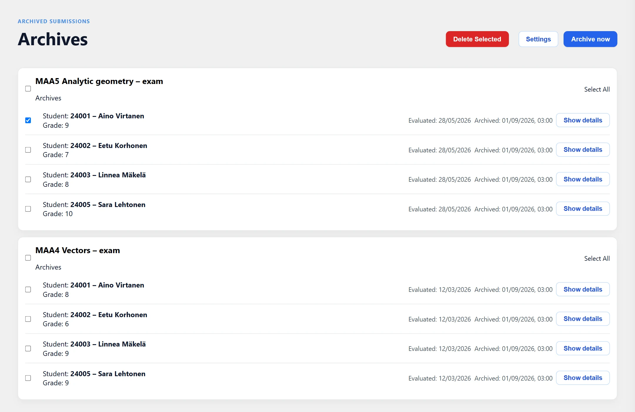 The archive view: submissions grouped by exam. You can select rows with the checkboxes; “Delete Selected” appears when something is selected.