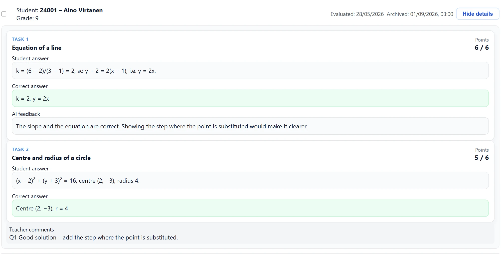 An opened submission: points per task, the student's answer, comments, the correct solution and the AI feedback.