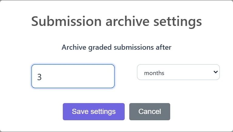 Archive settings: the interval (a number) and the unit (days / weeks / months). The default is 3 months.