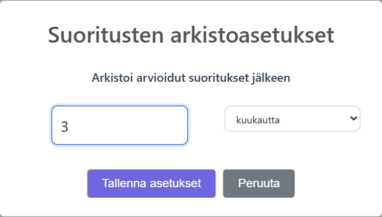 Arkistoasetukset: aikaväli (luku) ja yksikkö (päivää / viikkoa / kuukautta). Oletus on 3 kuukautta.