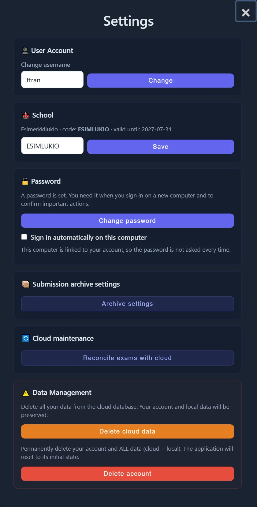 The Settings window: user account, school, password, archive settings, cloud maintenance and data management (danger zone).
