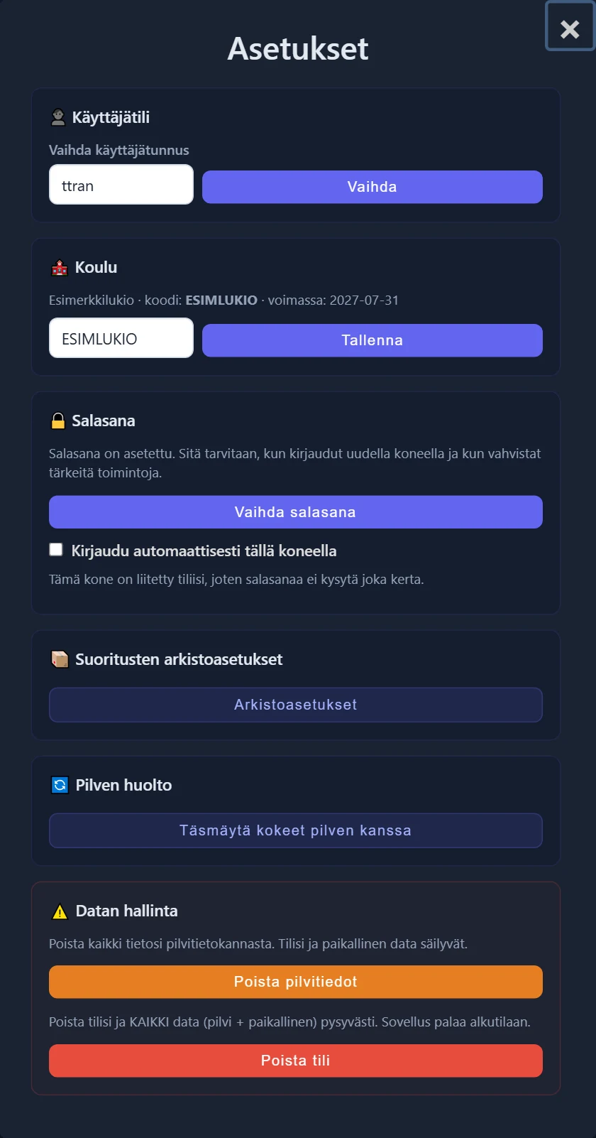 Asetukset-ikkuna: käyttäjätili, koulu, salasana, arkistoasetukset, pilven huolto ja datan hallinta (vaara-alue).