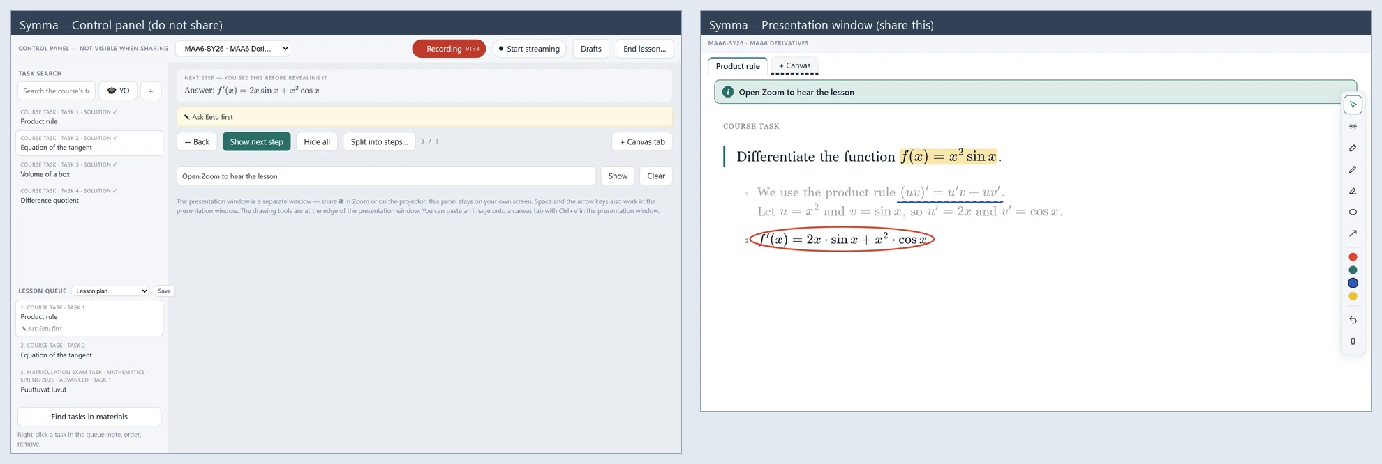 The pair of windows during a lesson: the control panel on the left (for you only), the presentation window on the right – a clean display surface for students.