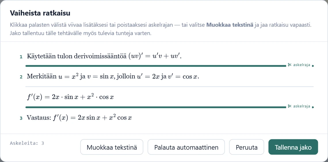 Vaiheistus palasina: paksu viiva (✂ askelraja) aloittaa uuden askeleen, ohut viiva ei. Klikkaus vaihtaa tilaa – tässä automaattiseen kahden askeleen jakoon on lisätty raja ensimmäisen ja toisen palasen väliin.