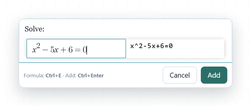 Double-clicking the canvas opens the maths editor: text and a formula (Ctrl+E), with the formula's LaTeX next to it. Add or Ctrl+Enter puts the content on the board line by line.