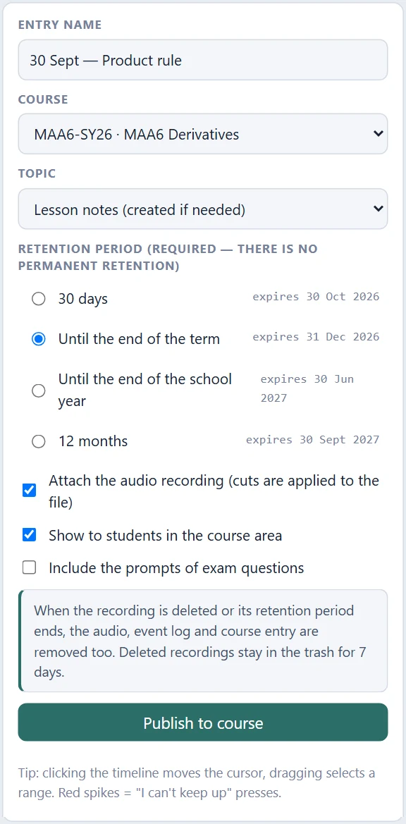 The publishing section: entry name, course, topic, the required retention period with the deletion dates, and options.
