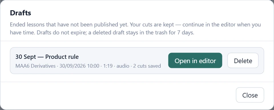 The Drafts list, opened from the control panel's top bar: name, course, time, duration, audio and the saved cuts.