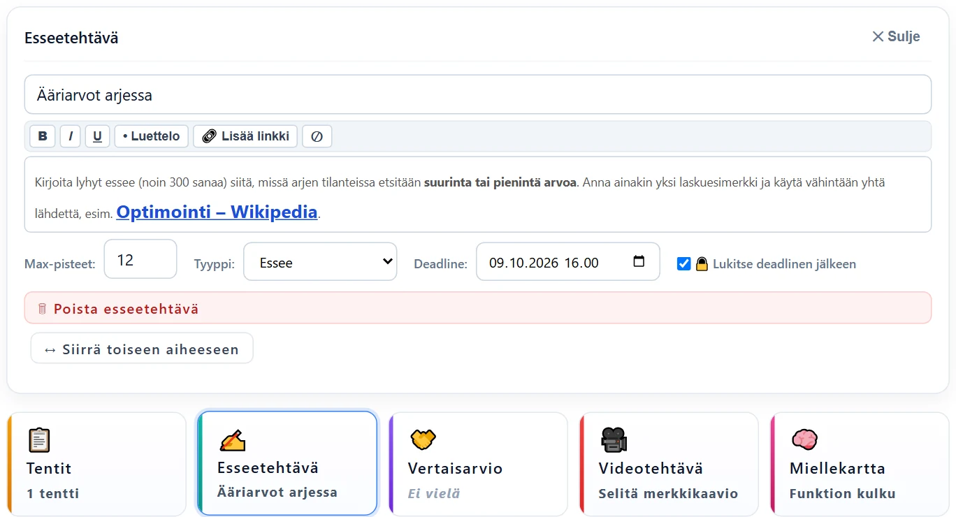 Esseetehtävä aiheessa Ääriarvot: otsikko, ohjeet muotoilupalkkeineen, arviointitapa, max-pisteet, tyyppi, deadline ja lukitus. Alla aiheen tehtäväkortit.