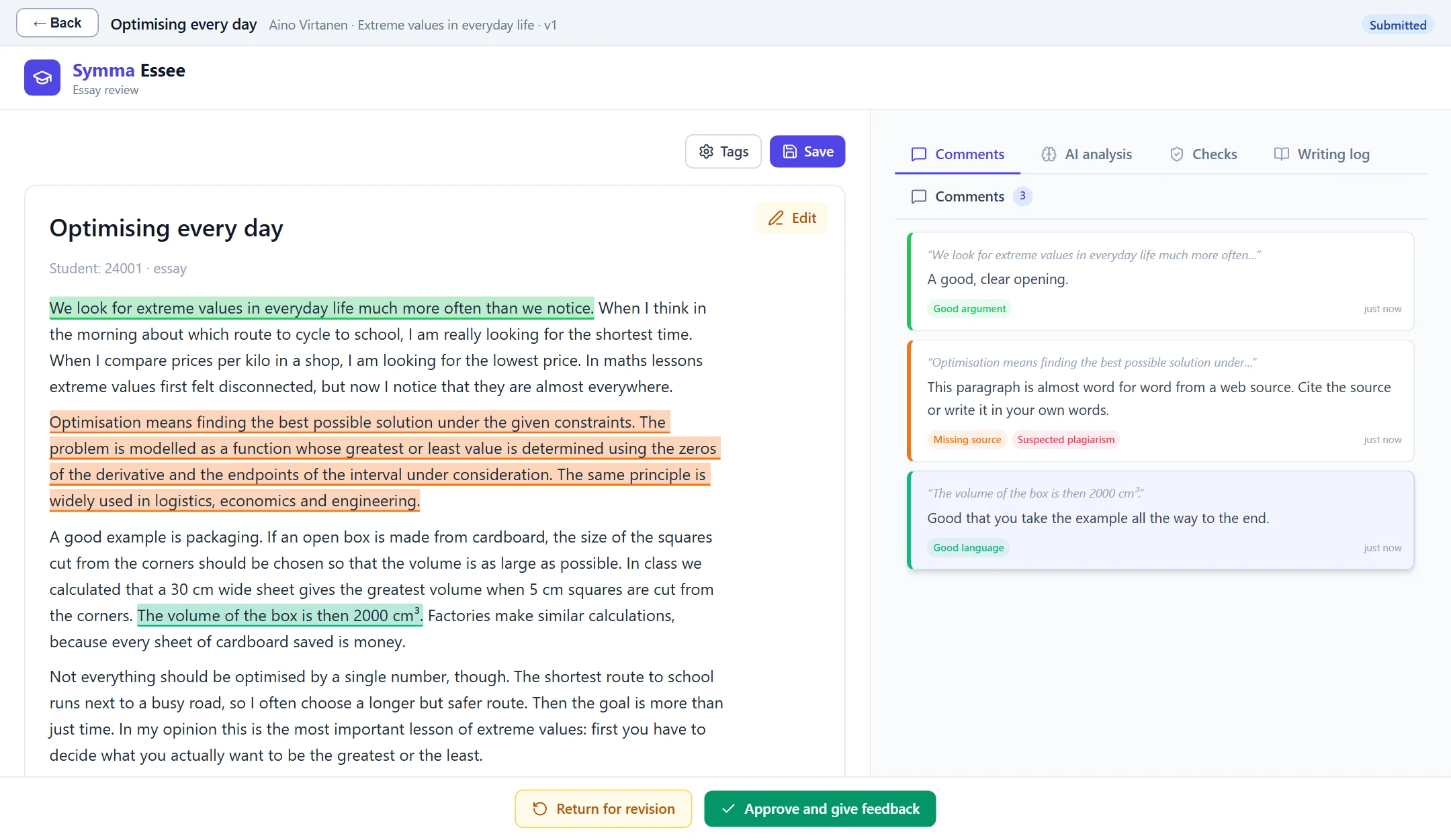 The checking view: the essay text with comment highlights on the left, the Comments tab on the right, the grading bar at the bottom.