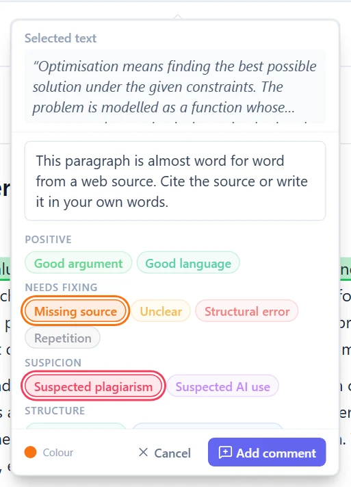 The comment form next to a selected paragraph: the selected text, the comment and the tags by category (Missing source and Suspected plagiarism chosen).