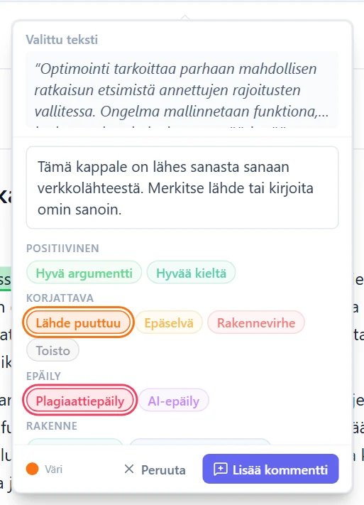 Kommenttilomake maalatun kappaleen kohdalla: valittu teksti, kommentti ja tagit kategorioittain (valittuina Lähde puuttuu ja Plagiaattiepäily).