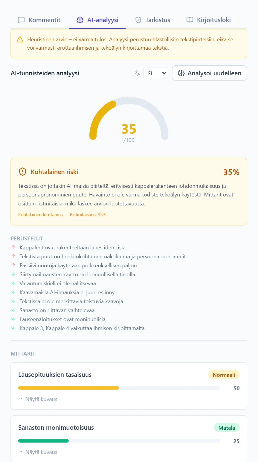 AI-analyysi: esseen kieli, riskimittari (0–100), riskitaso ja luottamus, perustelut sekä yksittäiset mittarit.