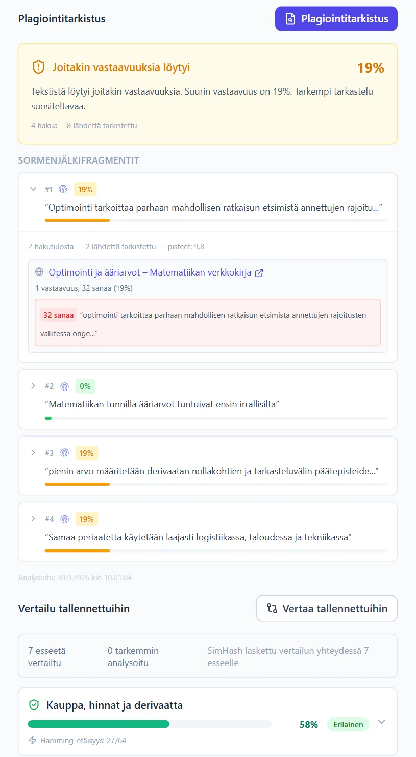 Plagiointitarkistus: yhteenveto, sormenjälkifragmentit (ensimmäinen avattuna lähteineen) ja vertailu tallennettuihin esseisiin.