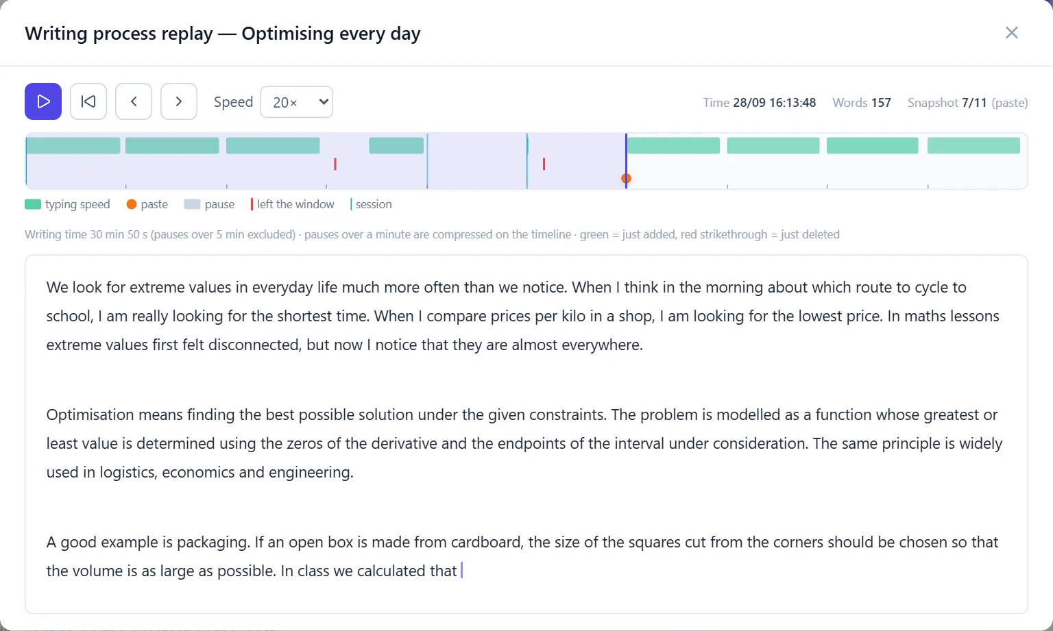Writing process replay at the paste (snapshot 7/11): the timeline shows typing periods, the paste (orange dot), pauses and times the student left the window.
