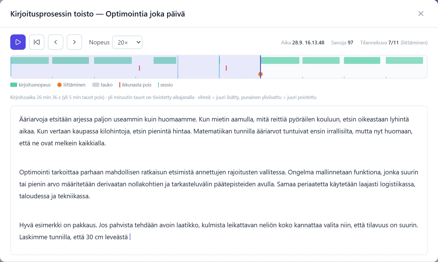 Kirjoitusprosessin toisto liittämisen kohdalla (tilannekuva 7/11): aikajanalla kirjoitusjaksot, liittäminen (oranssi piste), tauot ja ikkunasta poistumiset.