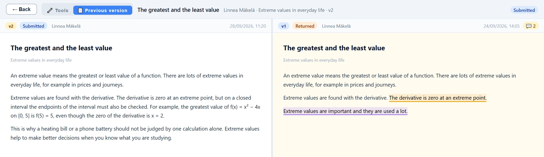 Previous version: the new version v2 on the left, v1 (returned for revision) with its comment highlights on the right.