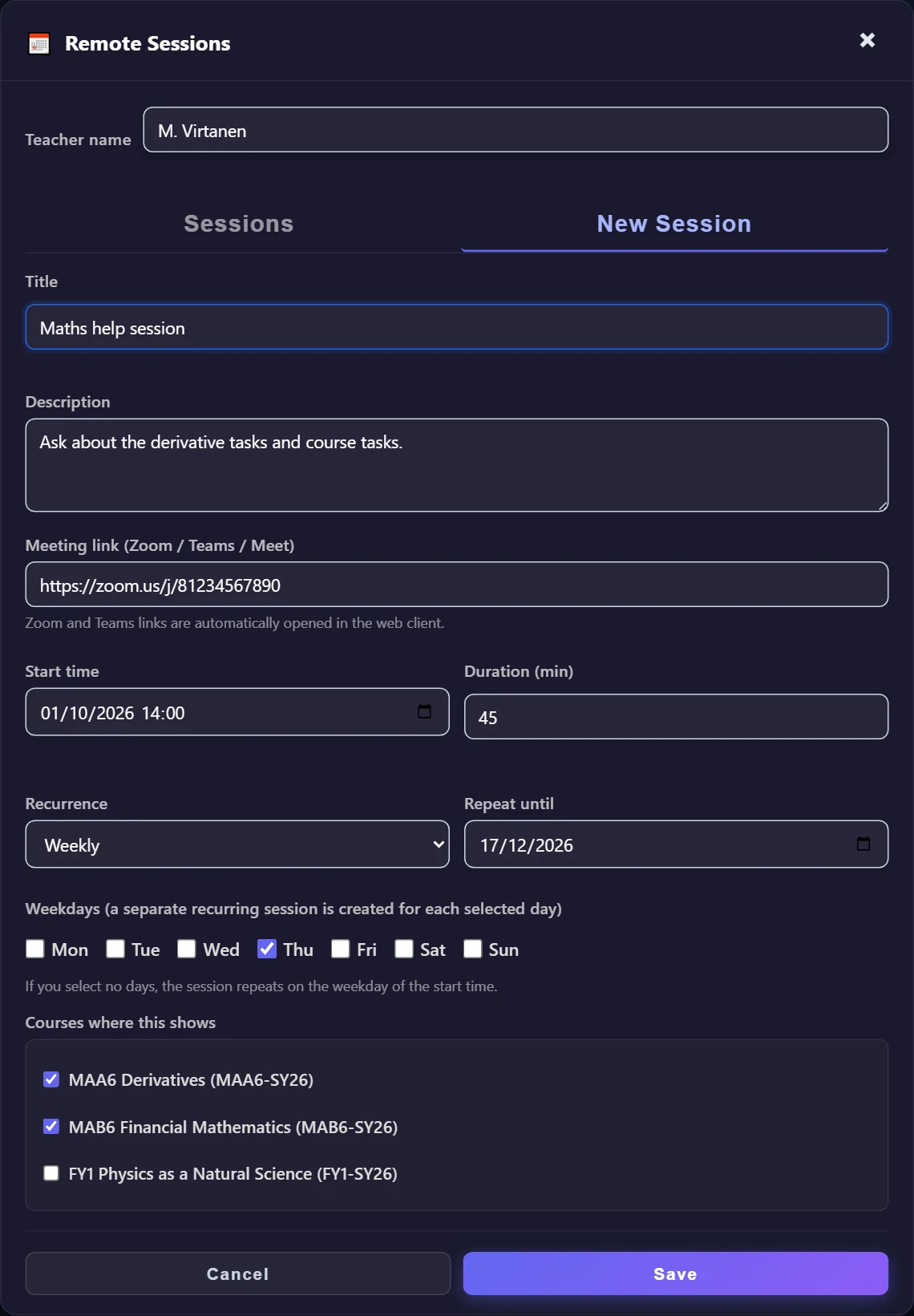 A filled-in New Session form: a weekly help session on Thursdays until 17 December, shown on the courses MAA6 and MAB6.
