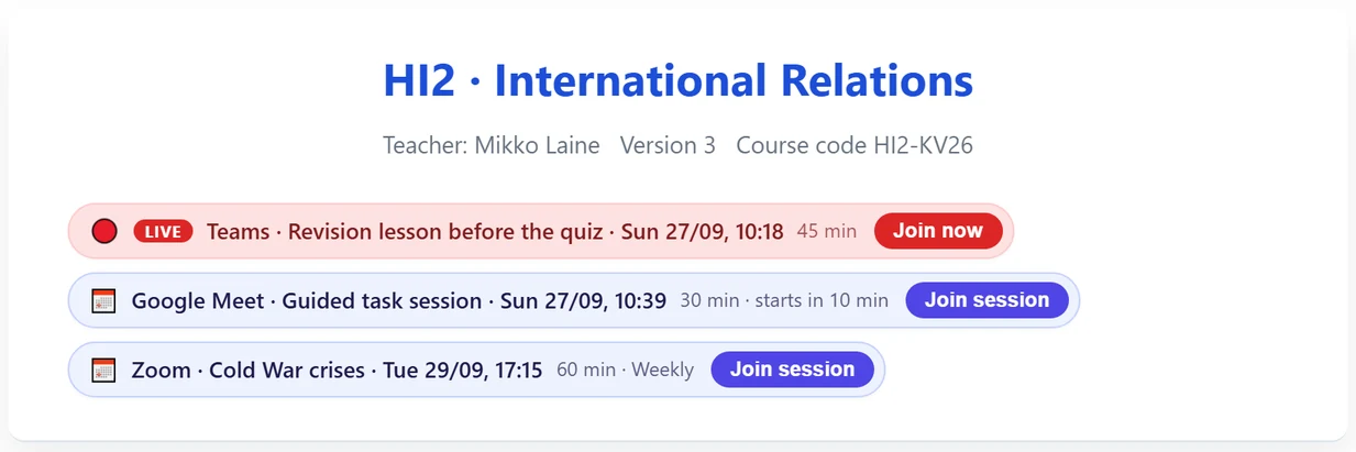 The course page in the student app: remote sessions are shown as rows under the course title (service, title, time, duration). A session in progress is a red LIVE row with a Join now button; upcoming ones have Join session (e.g. “starts in 10 min”, “Weekly”).