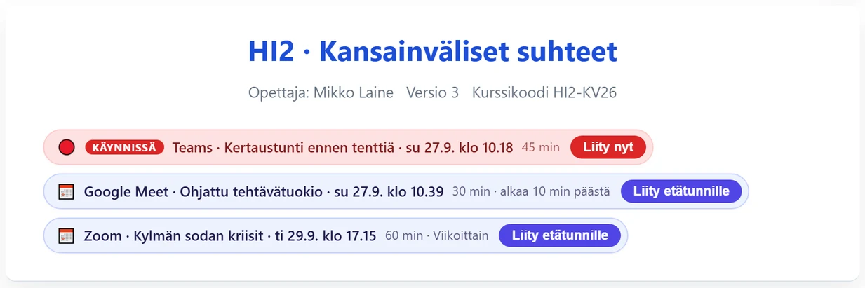 Oppilasohjelman kurssisivu: etätunnit näkyvät rivinä kurssin otsikon alla (palvelu, otsikko, aika, kesto). Käynnissä oleva tunti on punainen KÄYNNISSÄ-rivi ja Liity nyt -painike, tulevissa Liity etätunnille (esim. “alkaa 10 min päästä”, “Viikoittain”).